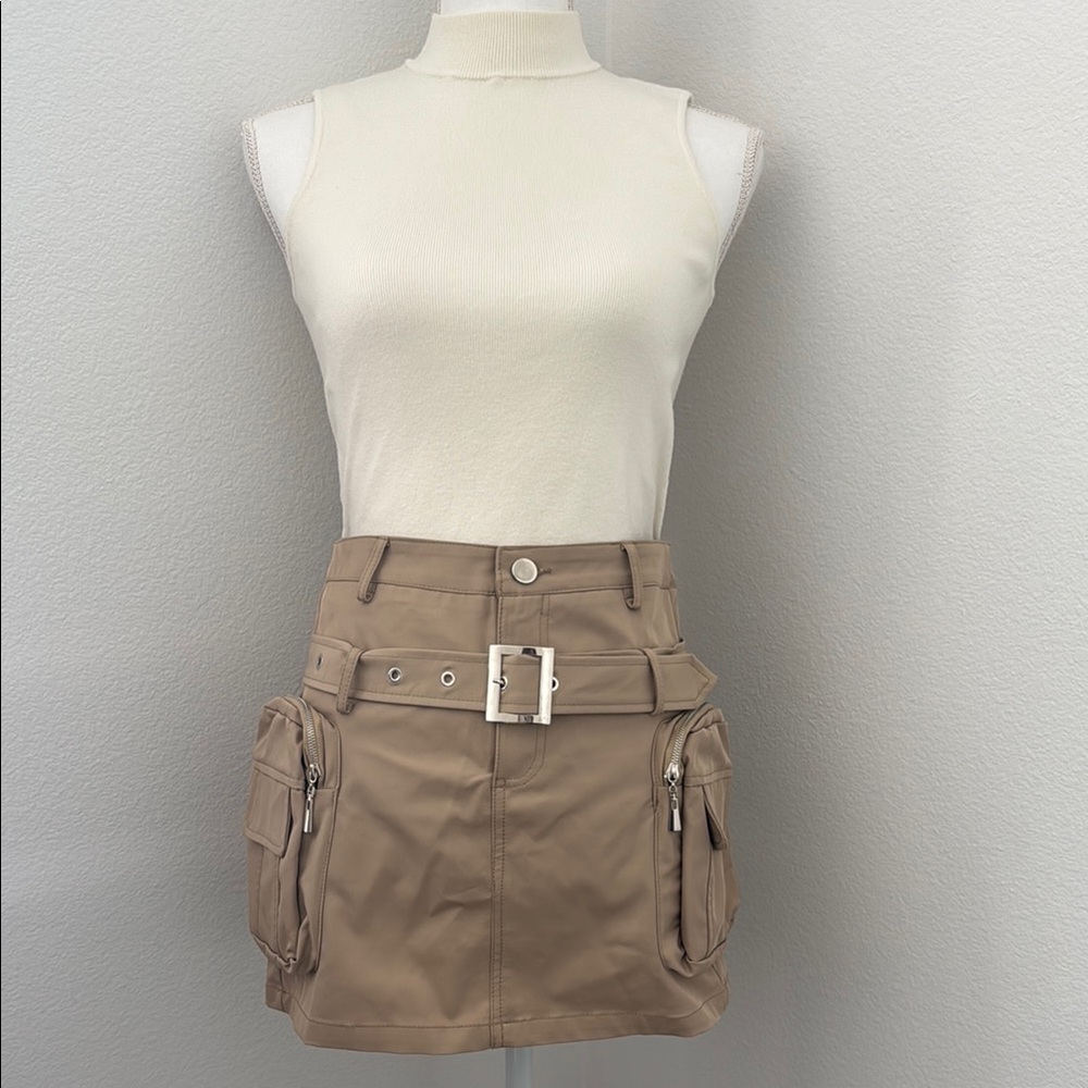 Tan Mini Skirt with Belt and Pockets